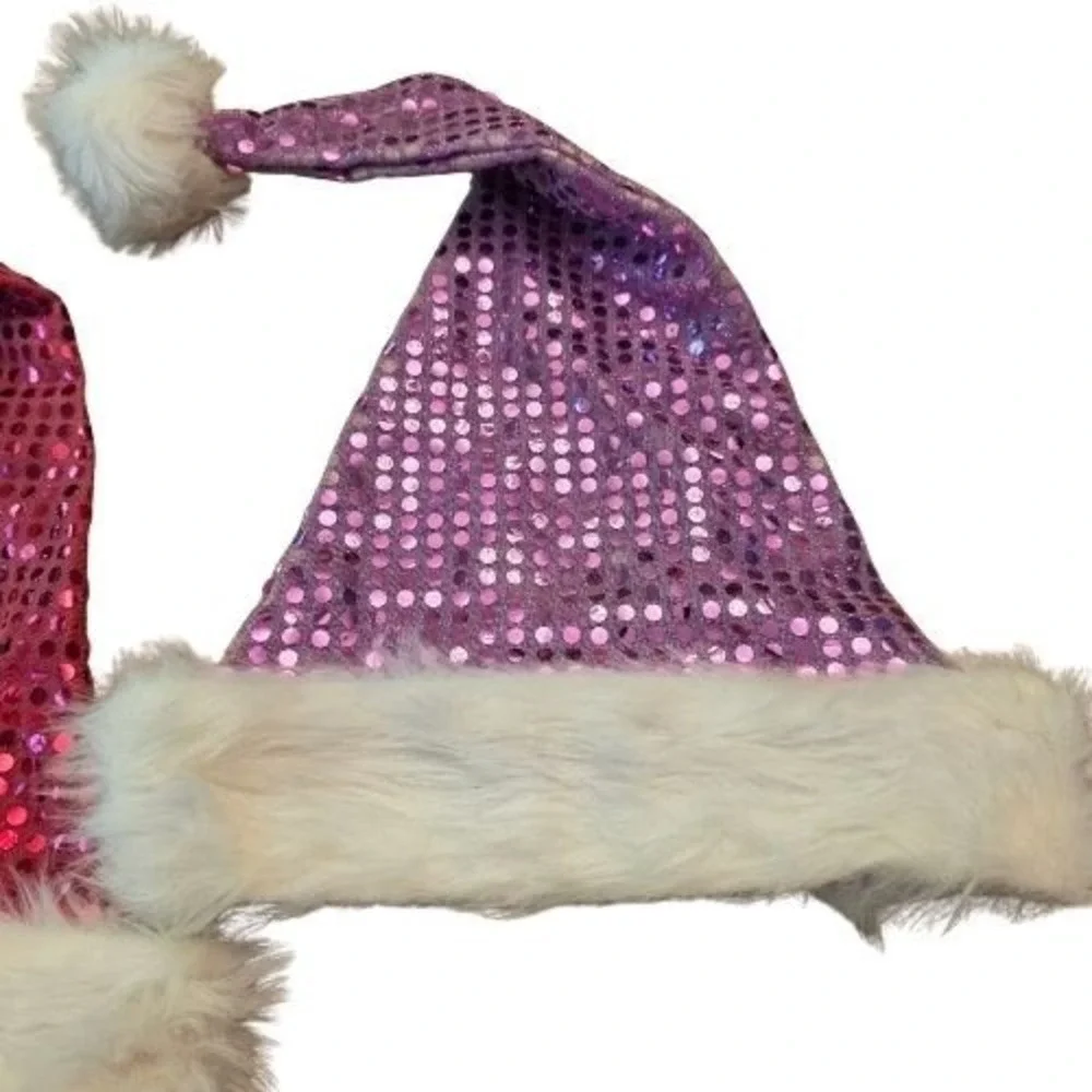 Set of 2 Pink and Purple Sequin Santa Hats White Faux Fur Trim Christmas Holiday